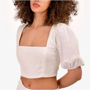 Reformation Yucca White Linen Square Neck Crop Top Puff Sleeves Size‎ 12 Luxury